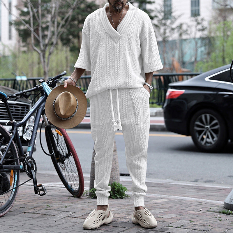 Herren nan lässiges Strickset mit V-Ausschnitt und Kordelzug-Joggerhose Drune