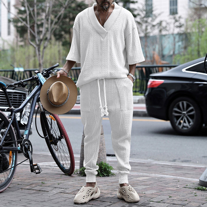 Herren nan lässiges Strickset mit V-Ausschnitt und Kordelzug-Joggerhose Drune