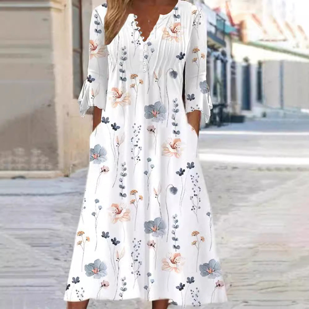 Damen nan fließendes Maxikleid mit V-Ausschnitt, Brustpasse, Volantärmeln und Eingrifftaschen Drune