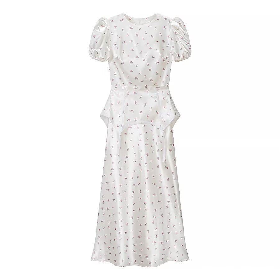 Damen Midikleid aus Satin mit Puffärmeln, integrierter Korsagen-Peplum und zartem Blumenprint Drune