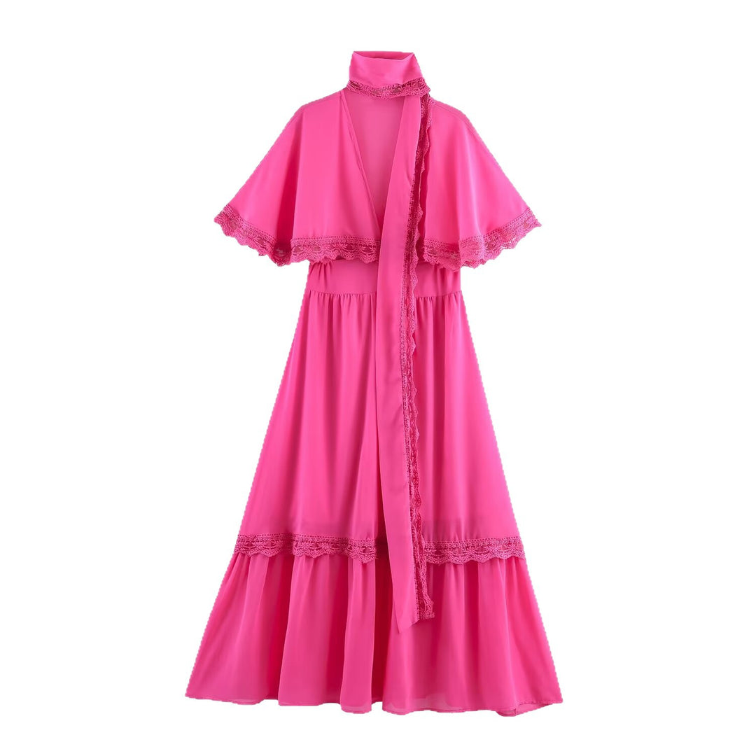 Damen Maxikleid mit Capelet, Stehkragen und Spitzenverzierung Drune