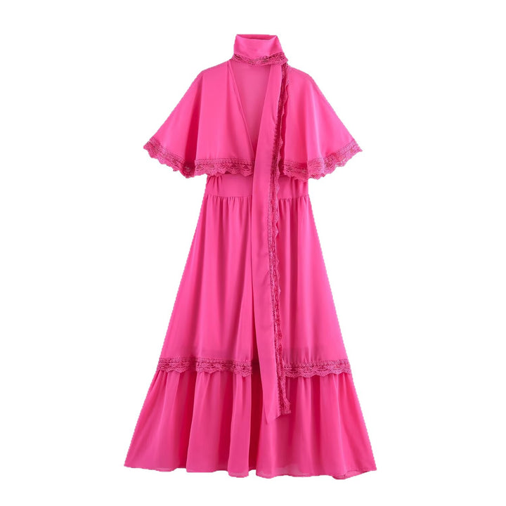 Damen Maxikleid mit Capelet, Stehkragen und Spitzenverzierung Drune