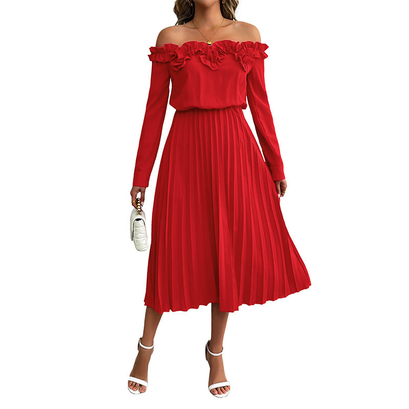Damen Elegantes Off-Shoulder Plissee Kleid Drune