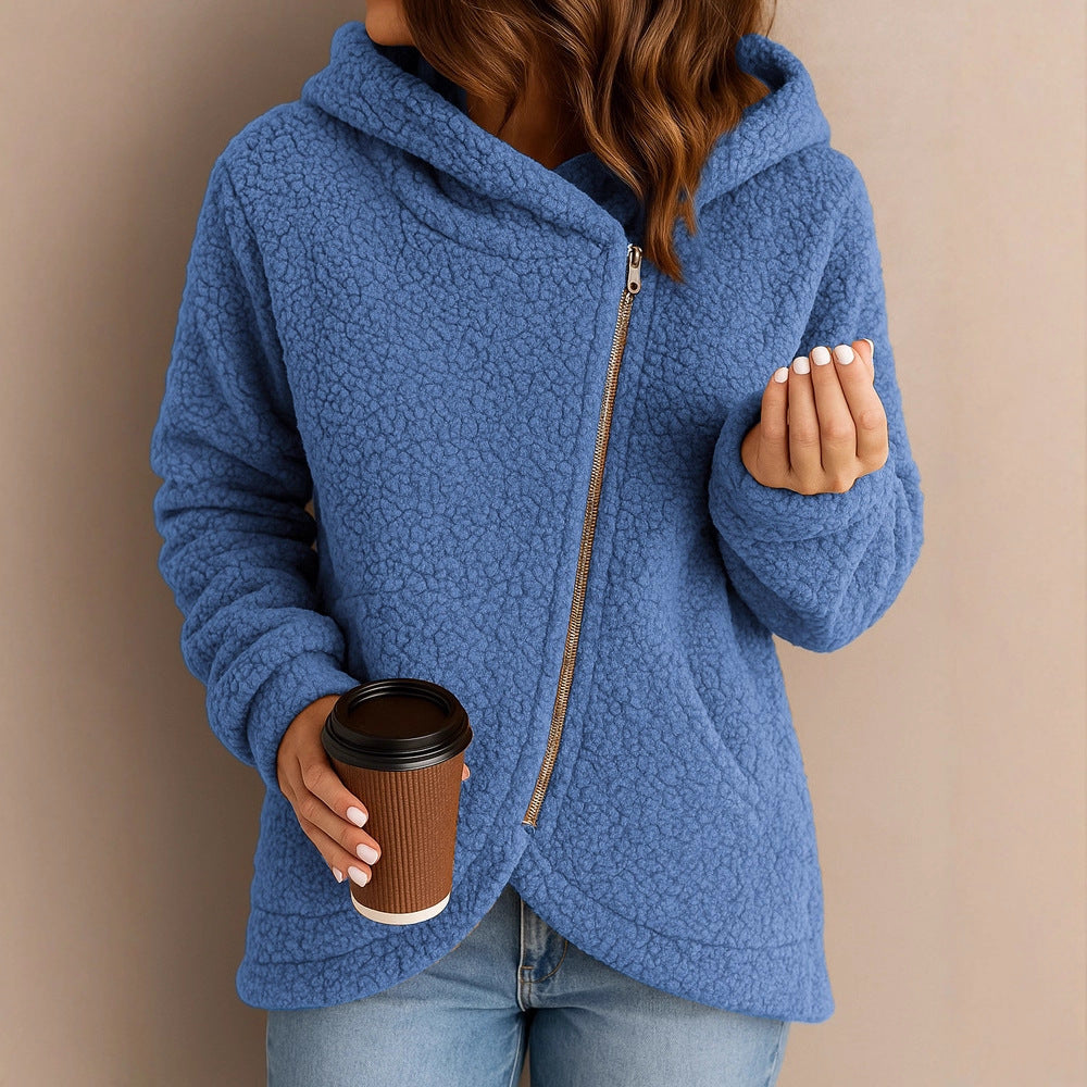 Damen Flauschige Kapuzenjacke mit asymmetrischem Reißverschluss Drune