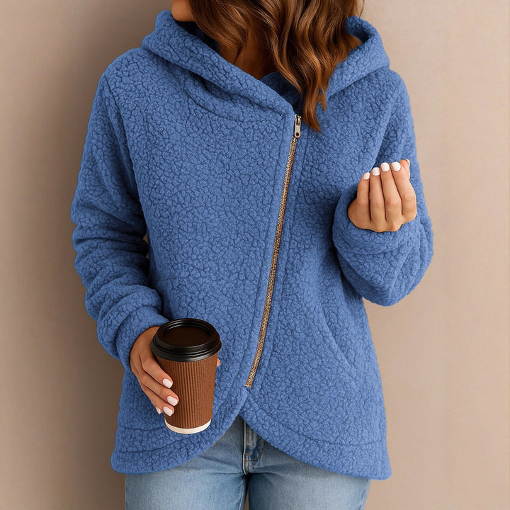 Damen Flauschige Kapuzenjacke mit asymmetrischem Reißverschluss Drune