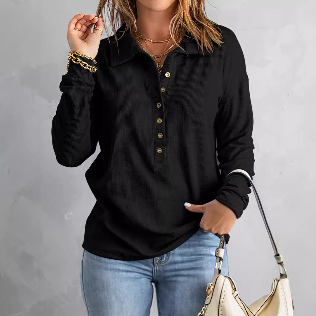 Damen Langarm-Bluse mit knöpfbarem Kragen und strukturiertem Stoff Drune