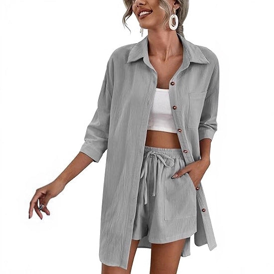 Damen Leichtes Longline-Hemdjacken-Set mit elastischer High-Waist-Shorts Drune