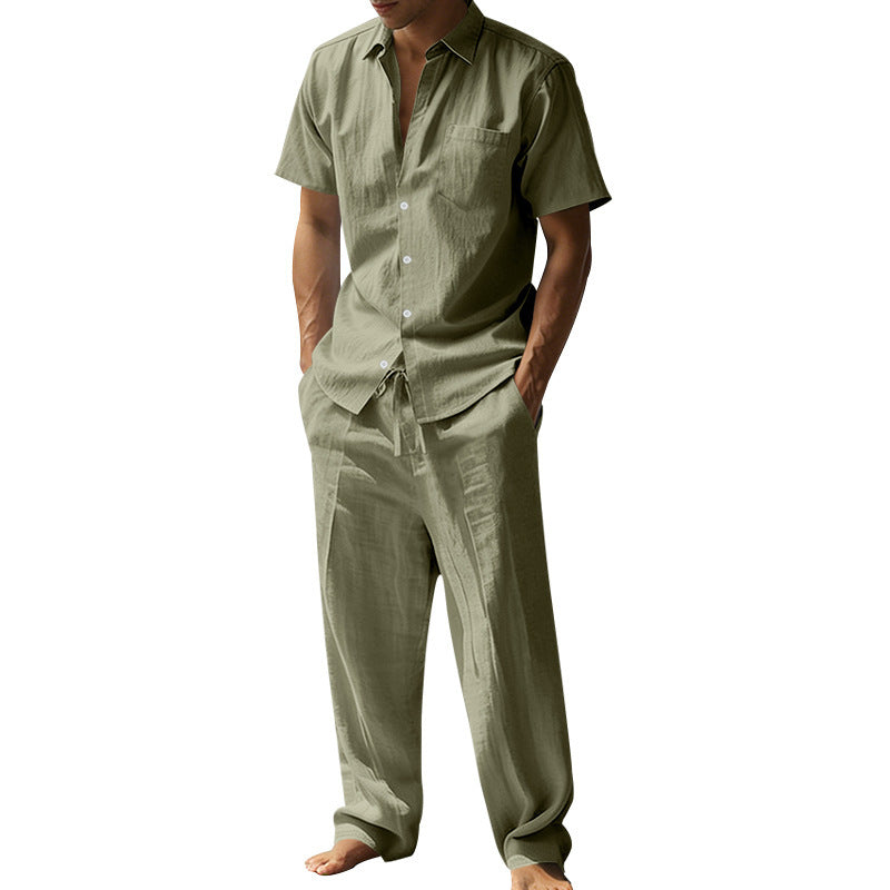 Herren nan resort-taugliches Kurzarm-Hemd mit Brusttasche und lässiger Leinen-Kordelhose Drune