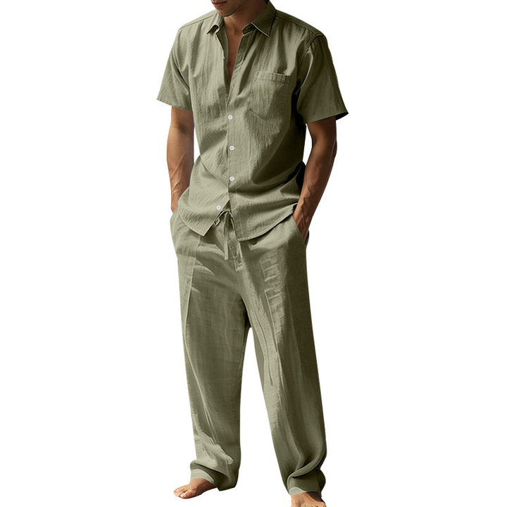 Herren nan resort-taugliches Kurzarm-Hemd mit Brusttasche und lässiger Leinen-Kordelhose Drune