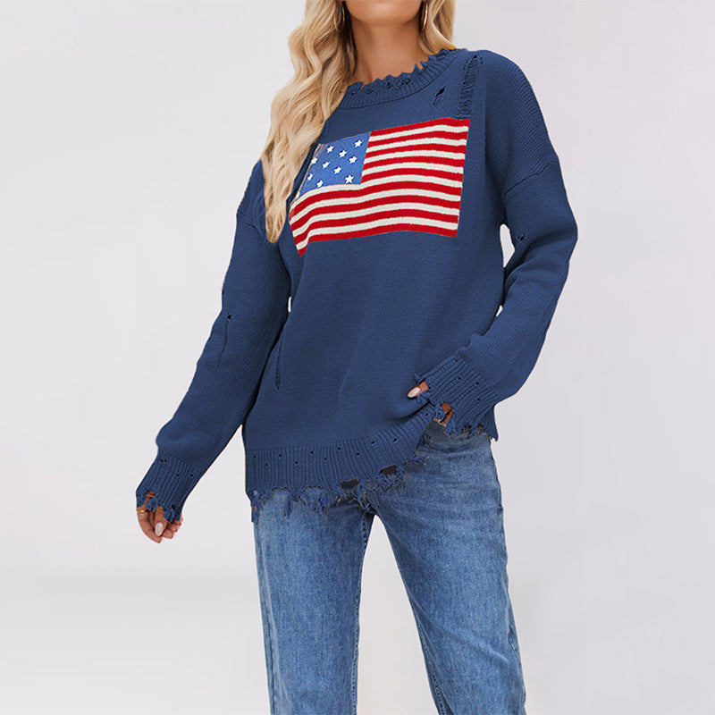 Damen lässiger Pullover mit Flaggenmuster und fransigem Saum Drune