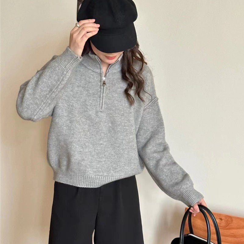 Damen lässiger Pullover mit kurzem Reißverschluss und entspannter Passform Drune