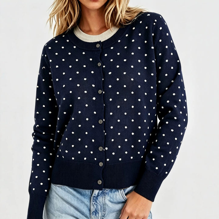 Damen Gepunktete Feinstrick-Cardigan mit Rundhals und Rippbündchen Drune
