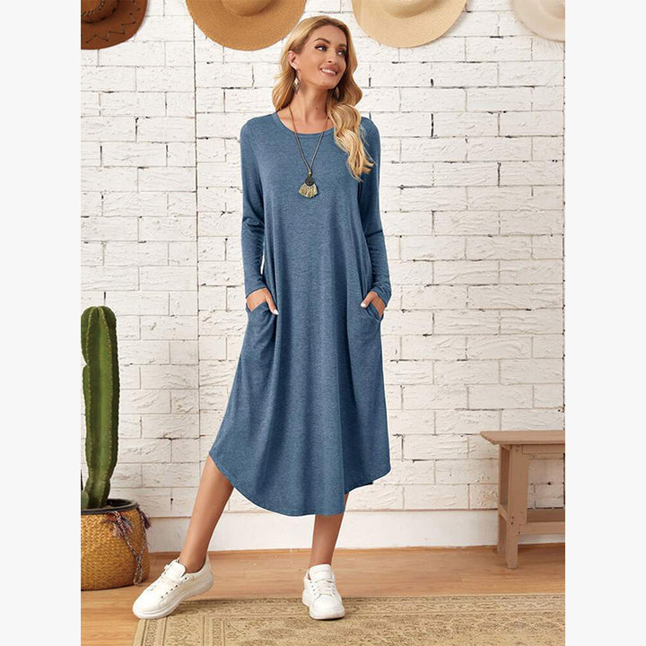 Damen Lässiges Langarm-Kleid mit praktischen Taschen Drune