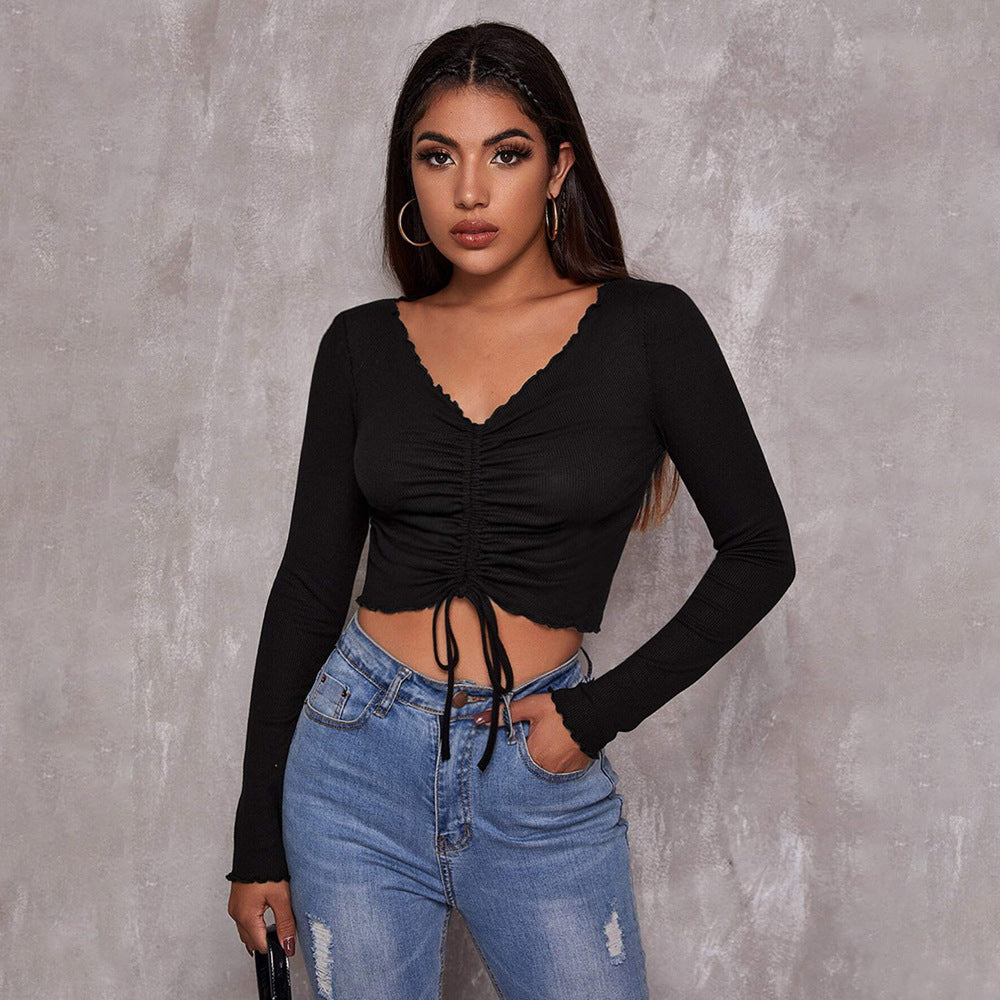 Damen geripptes Cropped-Longsleeve mit Tunnelzugvorderseite, Bindekordeln und gewelltem Saum Drune