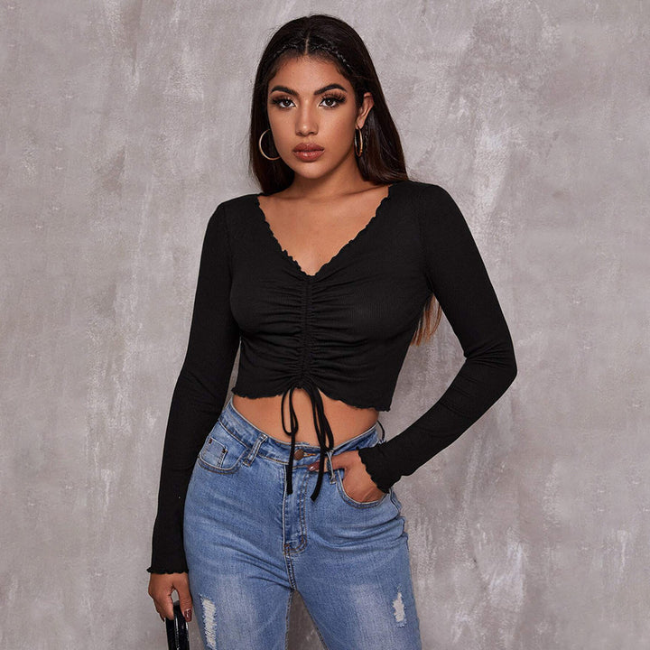 Damen geripptes Cropped-Longsleeve mit Tunnelzugvorderseite, Bindekordeln und gewelltem Saum Drune