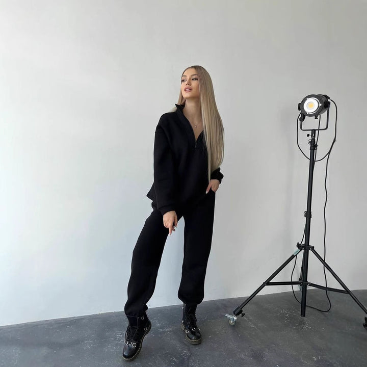 Damen Cropped-Sweatshirt-Set mit hohem Kragen und High-Waist-Jogginghose Drune