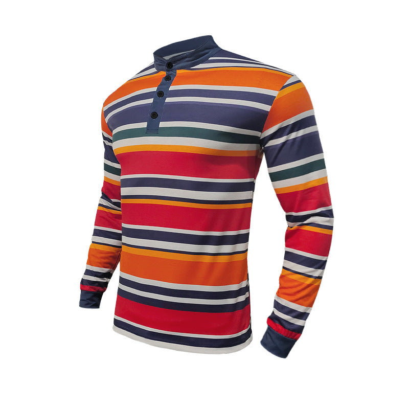 Herren nan gestreiftes Langarm-Henleyshirt mit Stehkragen, schmaler Passform und elastischem Baumwollmix Drune