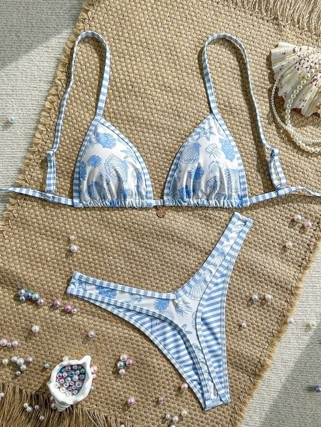 Damen Triangel-Bikini mit Rüschendetails und Karomuster Drune