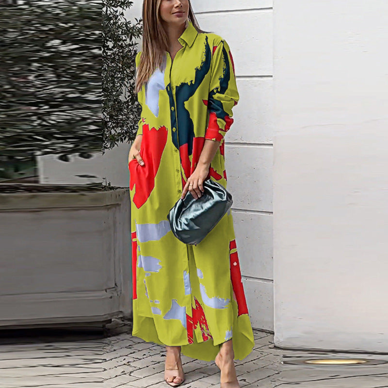 Damen Langes Hemdblusenkleid mit abstraktem Pinselprint und seitlichen Eingrifftaschen Drune
