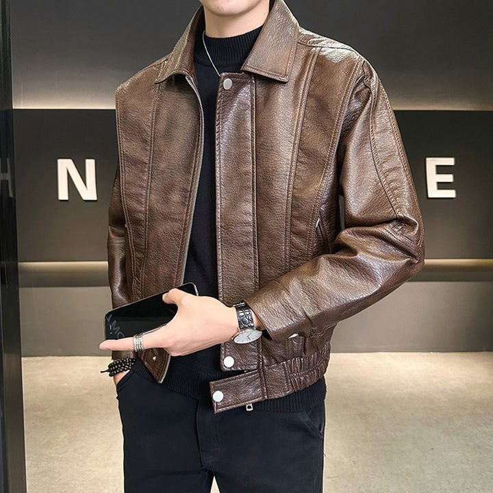 Herren Modische Kunstlederjacke mit hohem Kragen Drune