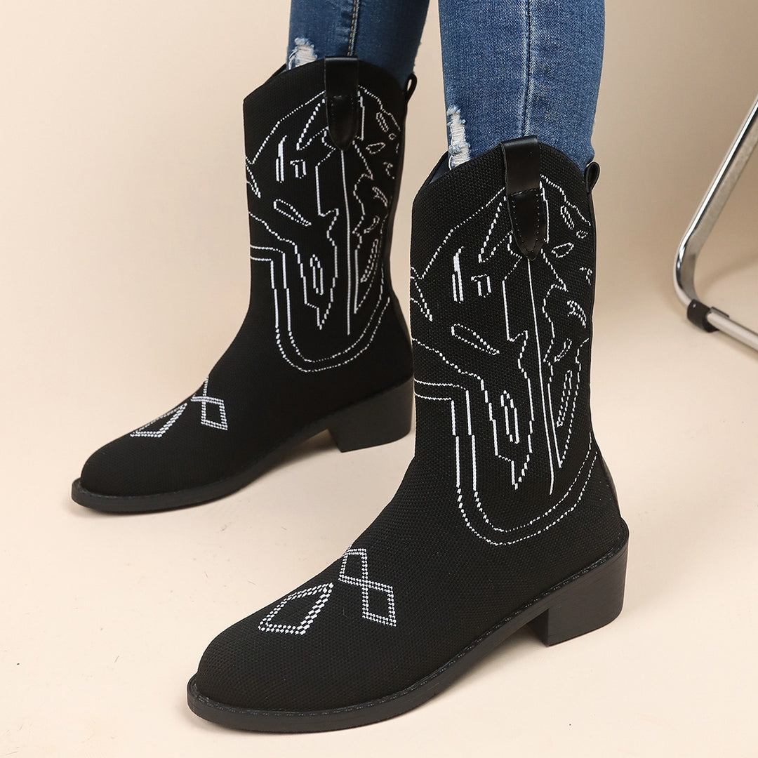 Damen Cowboy-Stiefel mit kunstvollem Stickdesign und robustem Absatz Drune