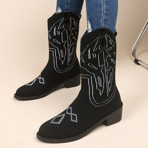 Damen Cowboy-Stiefel mit kunstvollem Stickdesign und robustem Absatz Drune