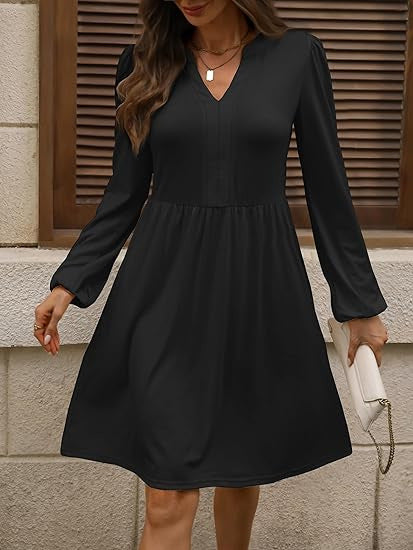 Damen Polka‑Dot A‑Linien Kleid mit V‑Ausschnitt und Taillennaht Drune
