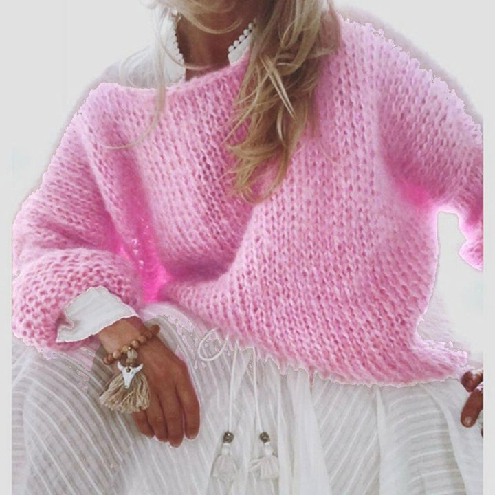 Damen Kurzgeschnitteter flauschiger Grobstrickpullover mit überschnittener Schulter Drune