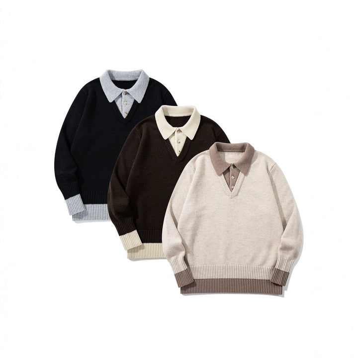 Herren Polokragen-Strickpullover mit Knopfleiste und kontrastierten Bündchen Drune