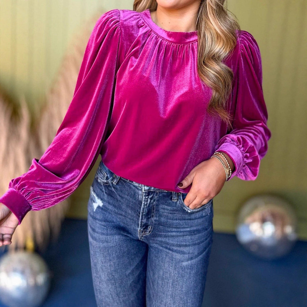 Damen Samtbluse mit Ballonärmeln und gerafftem Stehkragen Drune