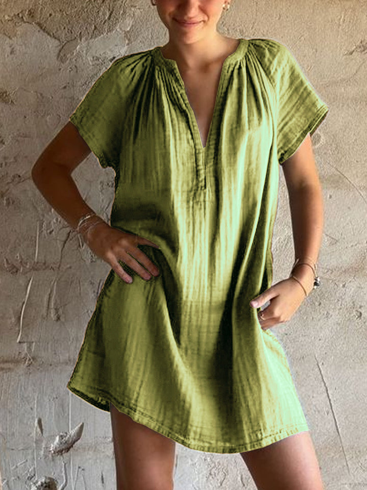 Damen lässiges Tunika-Kleid mit tiefem V-Ausschnitt und Raffung Drune