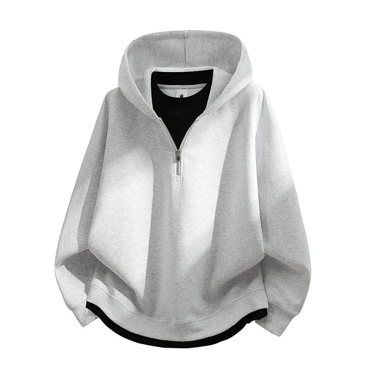Unisex Oversize-Halbzip-Kapuzenpullover mit Lagen‑Optik, gerundetem Saum & gerippten Bündchen Drune
