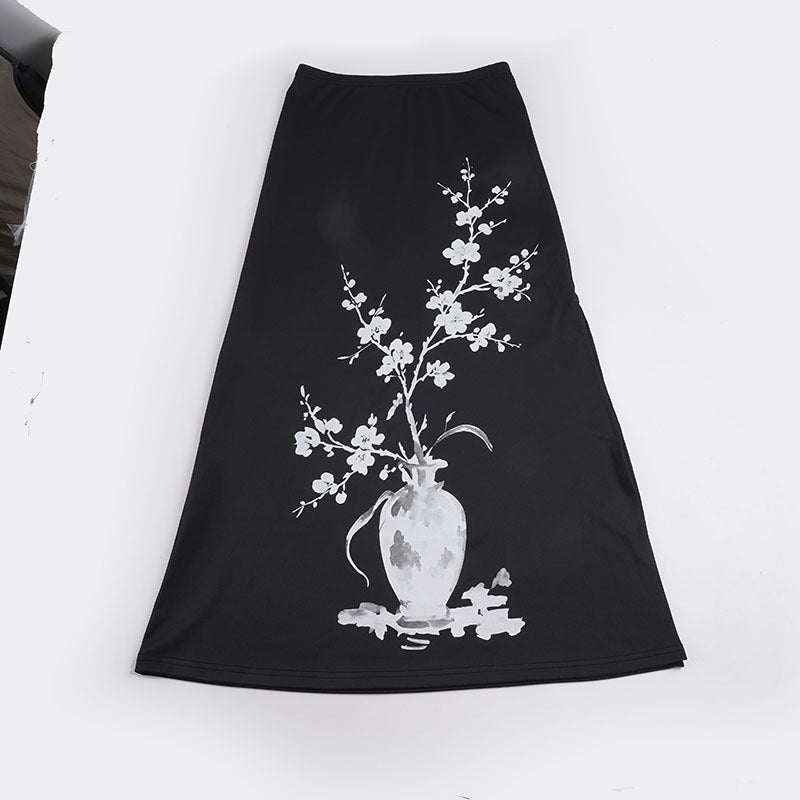 Damen nan ausgestellter Maxi-Rock mit A-Linien-Schnitt, elastischem Bund und floraler Aquarell-Vasen-Print Drune