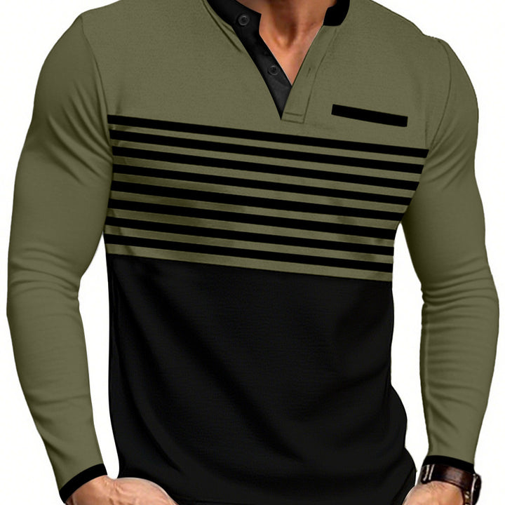 Herren nan modernes Langarm-Polo mit Henley-Blende gestreifter Brustpartie und Stehkragen Drune