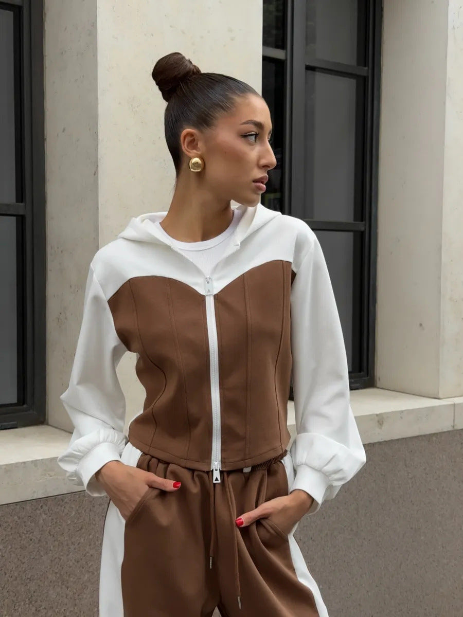 Damen cropped Sweatjacke mit ballonförmigen Ärmeln und Jogginghose Set Drune