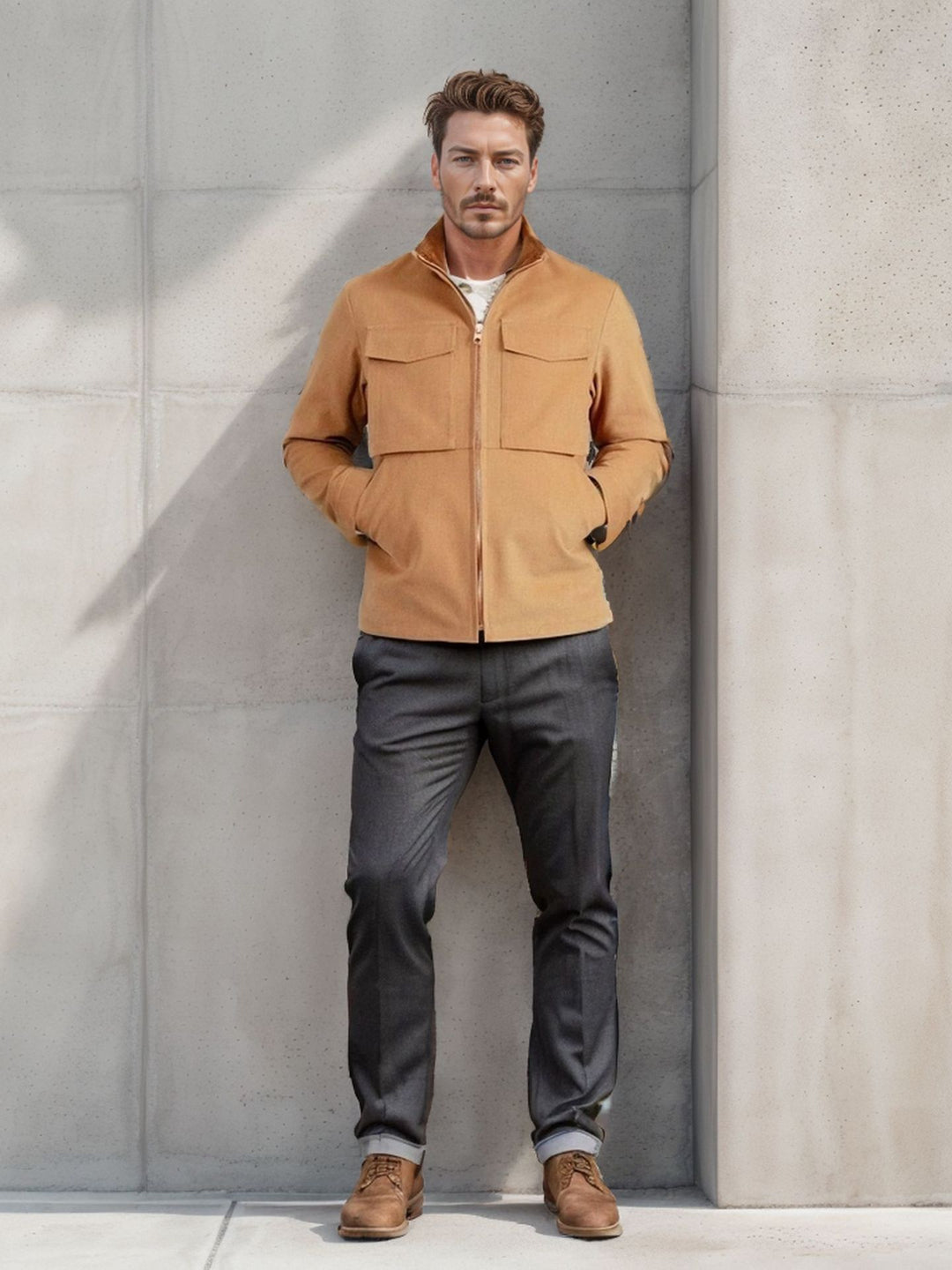 Herren Kurze Denim-Fieldjacke mit Stehkragen, Reißverschluss und aufgesetzten Brusttaschen Drune