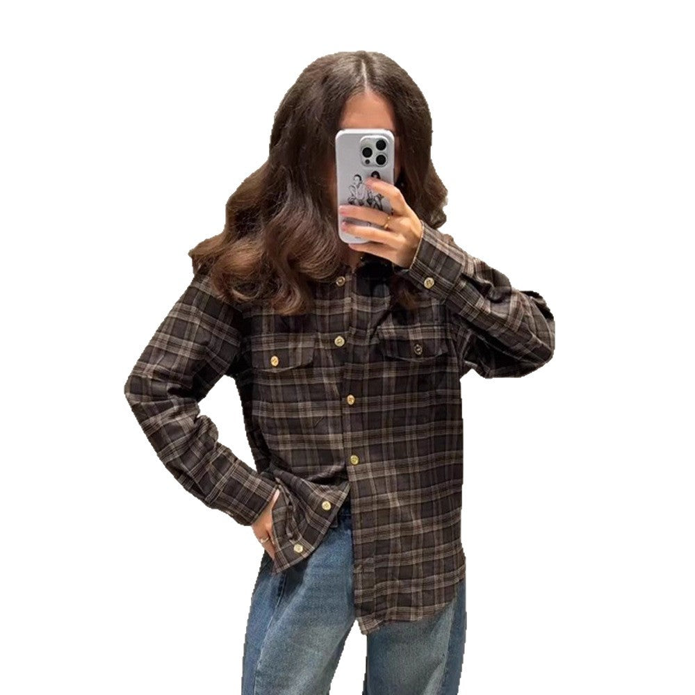 Damen Kariertes Overshirt mit Brusttaschen und goldenen Druckknöpfen Drune