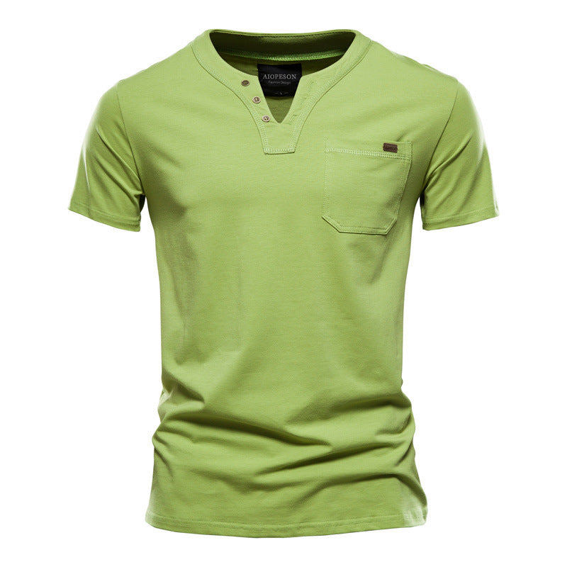 Herren V-Ausschnitt T-Shirt mit Druckknöpfen und Brusttasche Drune