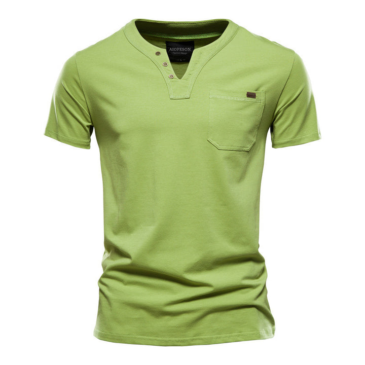 Herren V-Ausschnitt T-Shirt mit Druckknöpfen und Brusttasche Drune