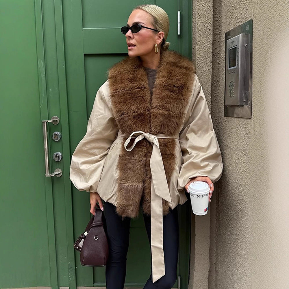Damen modische Übergangsjacke mit voluminösen Ärmeln und luxuriösem Kunstpelzkragen Drune