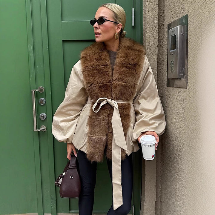Damen modische Übergangsjacke mit voluminösen Ärmeln und luxuriösem Kunstpelzkragen Drune