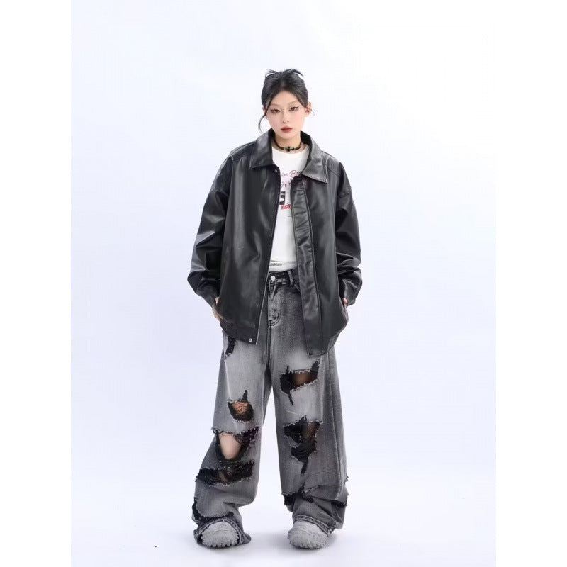 Damen Oversized Kunstleder-Blouson mit elastischem Saum und Hemdkragen Drune