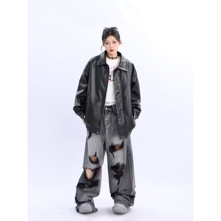 Damen Oversized Kunstleder-Blouson mit elastischem Saum und Hemdkragen Drune