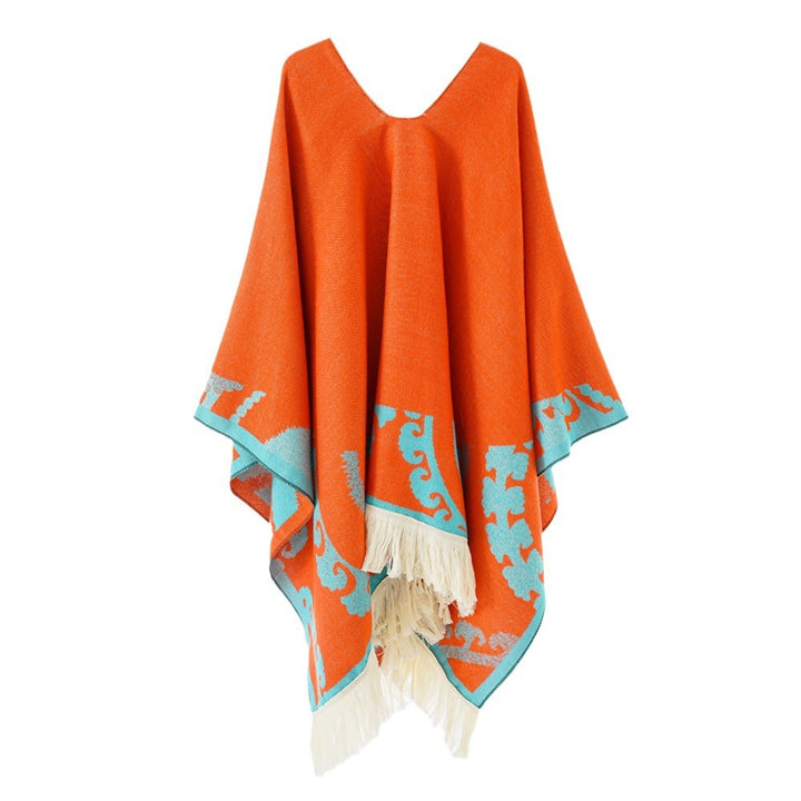 Damen Wollmix-Medallionponcho mit V-Ausschnitt und Fransensaum Drune