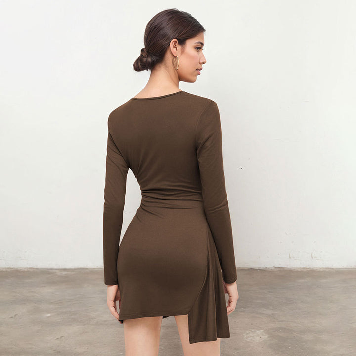 Damen asymmetrisches Wickel-Minikleid mit V-Ausschnitt und seitlicher Raffung Drune