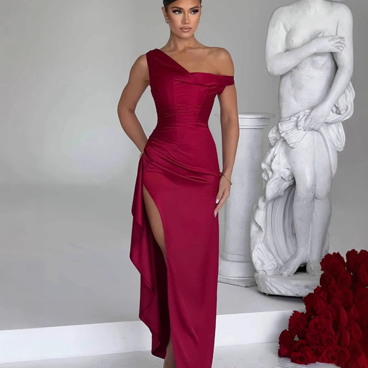 Damen elegantes One-Shoulder Maxikleid mit hohem Schlitz und figurbetontem Design Drune