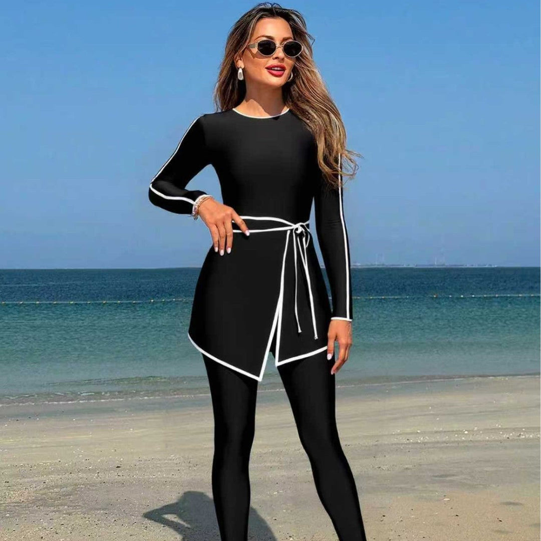 Damen modischer Langarm-Schwimmanzug mit Wickelrock Drune