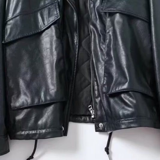 Damen Oversize Kunstlederfliegerjacke mit Teddykragen und Pattentaschen Drune