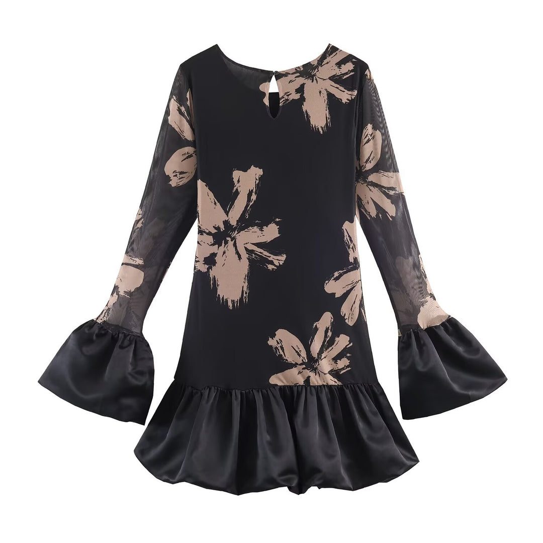 Damen Kurzes A-Linien-Kleid mit Blumenprint, transparenten Trompetenärmeln und Satinvolant Drune
