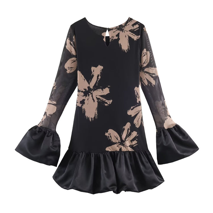Damen Kurzes A-Linien-Kleid mit Blumenprint, transparenten Trompetenärmeln und Satinvolant Drune